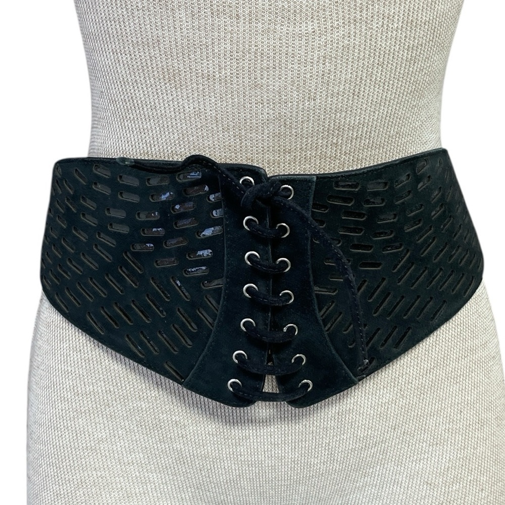 ALAIA PARIS Belt Black Leather Lace-Up Corset Laser Cut Italy 75 Size Medium